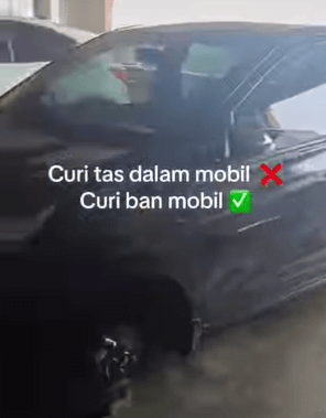 Ban Mobil dicuri di parkiran ITC Cempaka Mas. Sumber foto: info Jakarta