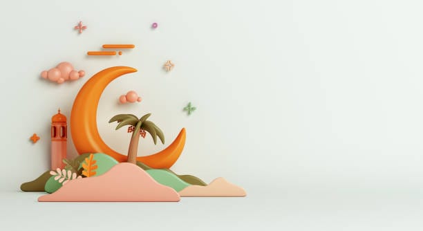 Islamic decoration background with crescent moon, mosque, leaves cartoon style, ramadan kareem, mawlid, iftar, isra miraj, eid al fitr adha, muharram, copy space, 3D illustration.