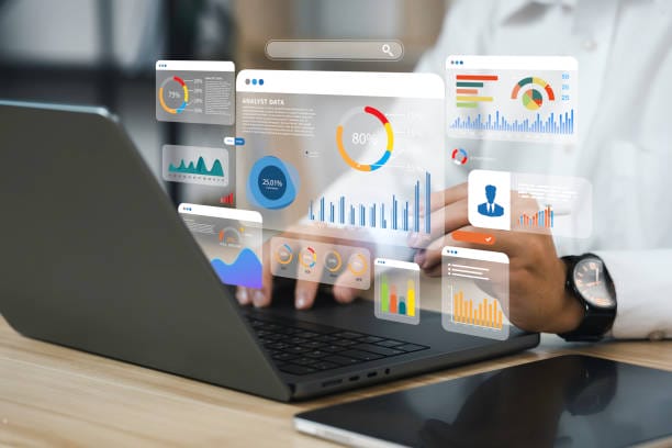 An analyst uses a computer and dashboard for data business analysis and Data Management System with KPI and metrics connected to the database for technology finance, operations, sales, marketing