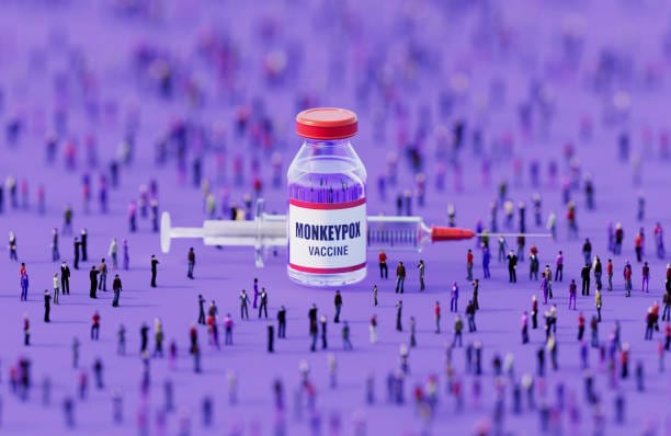 Human crowd surrounding an injectable monkey pox vaccine bottle on purple background. Horizontal  composition with copy space.