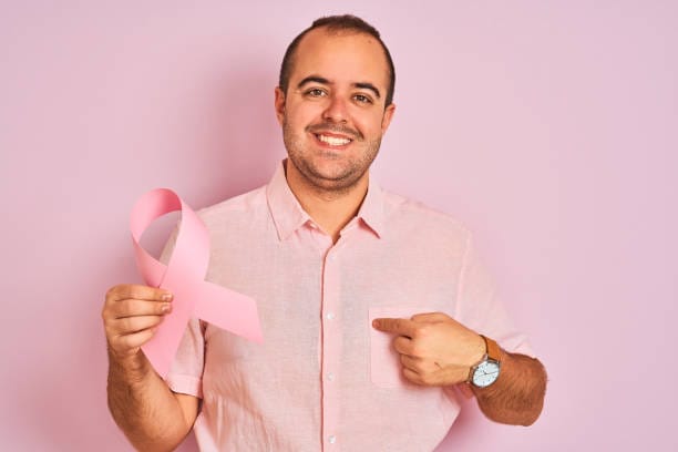 Young man holding cancer ribbon symbol standing over isolated pink background with surprise face pointing finger to himself