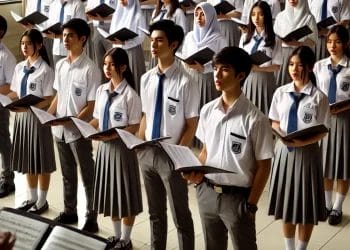 Ilustrasi siswa SMA sedang latihan paduan suara. (Foto: AI)