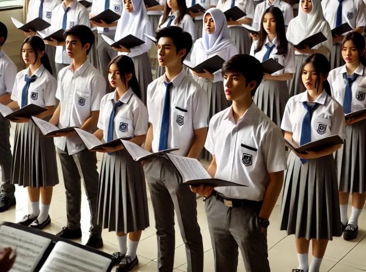 Ilustrasi siswa SMA sedang latihan paduan suara. (Foto: AI)