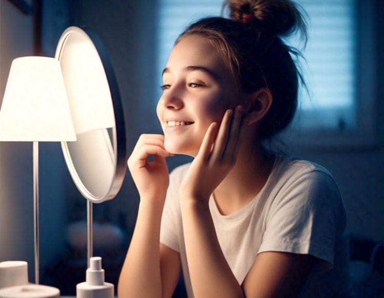 Ilustrasi seorang remaja cantik sedang memakai moisturizer. (Foto: AI)